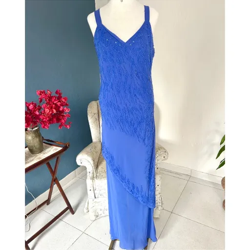 Vestido de Festa Azul Royal Longo com Pedrarias e Miçangas