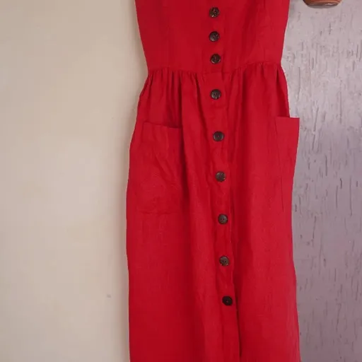 vestido vermelho de linho puro de alça com cinto de couro