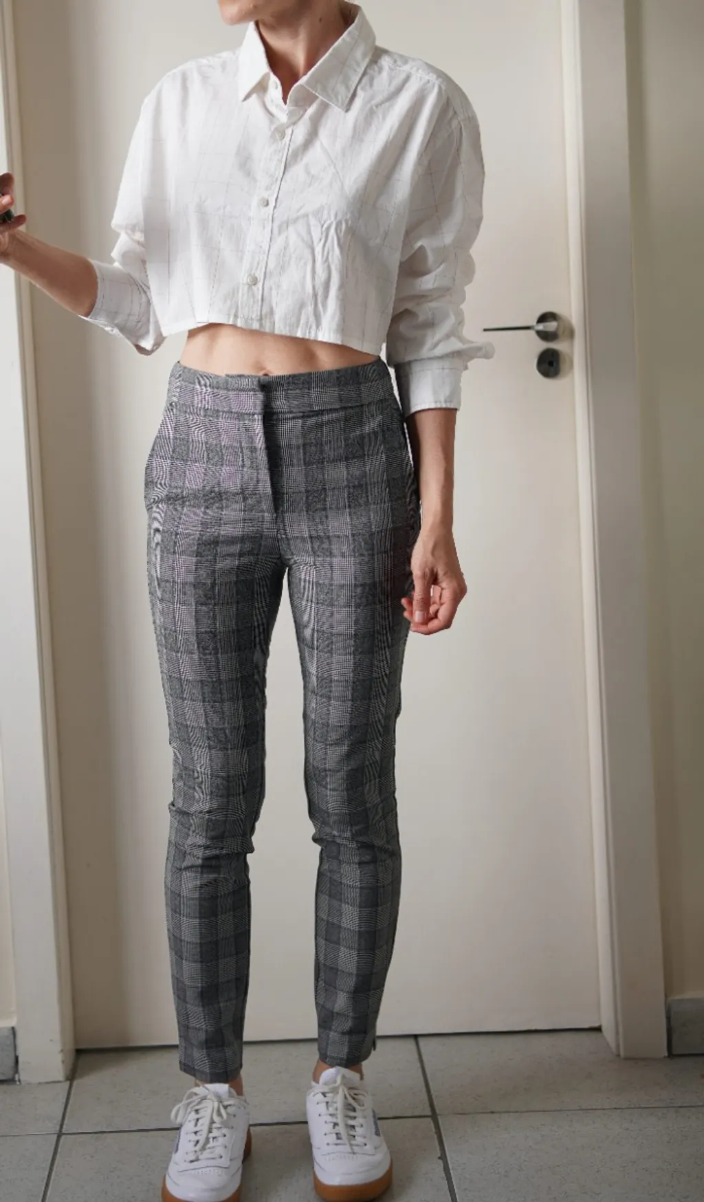 conjunto xadrez de linho blazer, calça zara, camisa cropped