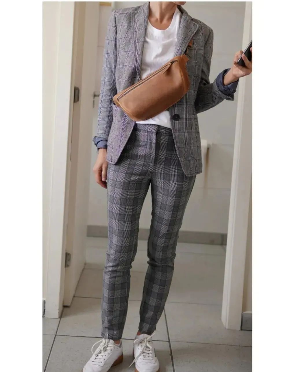 conjunto xadrez de linho blazer, calça zara, camisa cropped