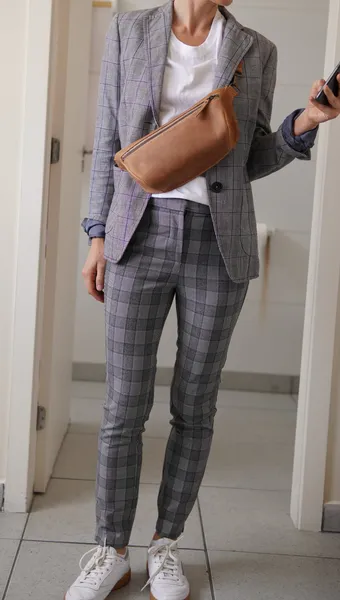 conjunto xadrez de linho blazer, calça zara, camisa cropped