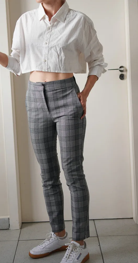 conjunto xadrez de linho blazer, calça zara, camisa cropped