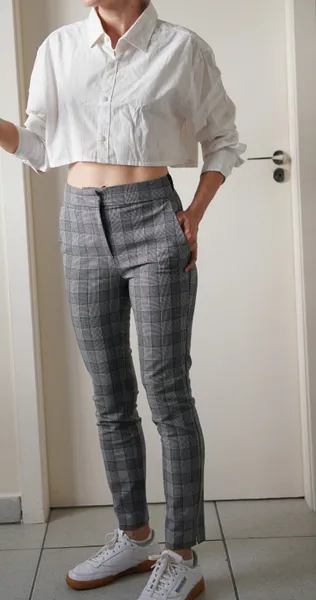 conjunto xadrez de linho blazer, calça zara, camisa cropped