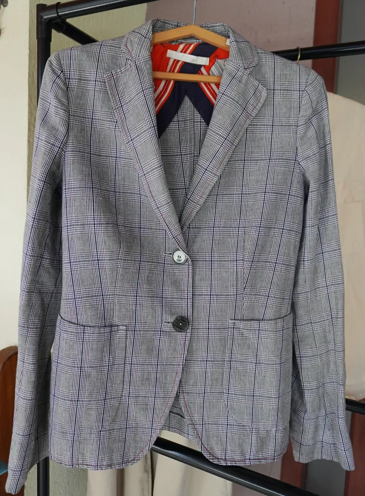 conjunto xadrez de linho blazer, calça zara, camisa cropped