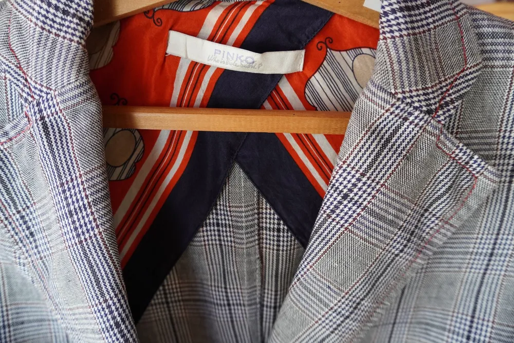 conjunto xadrez de linho blazer, calça zara, camisa cropped