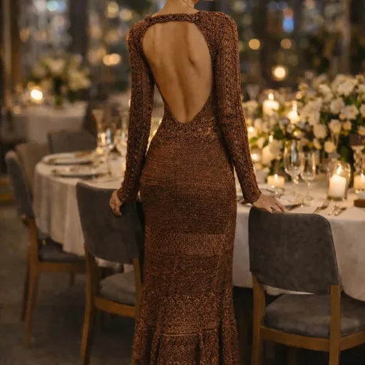 Vestido animale longo em tricô bronze com brilho sutil