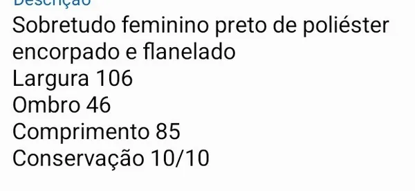 Sobretudo feminino preto tamanho M