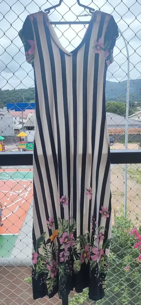 Vestido Longo Listrado Floral Verão Manga Curta