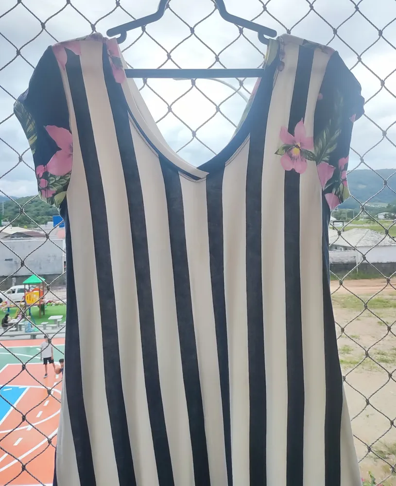 Vestido Longo Listrado Floral Verão Manga Curta