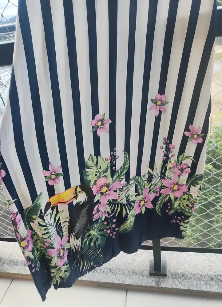 Vestido Longo Listrado Floral Verão Manga Curta