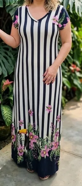 Vestido Longo Listrado Floral Verão Manga Curta