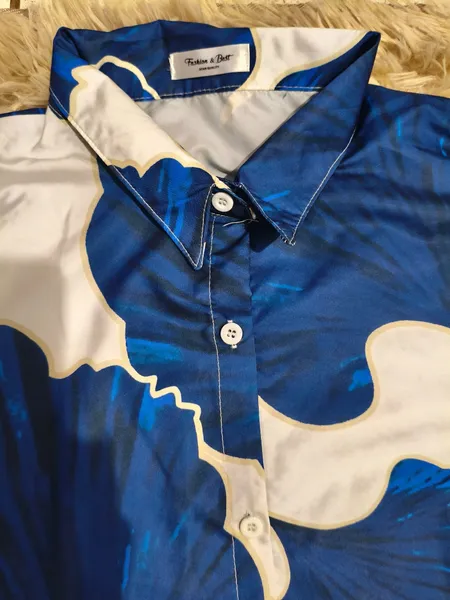Vestido chemise estampado azul branco e amarelo