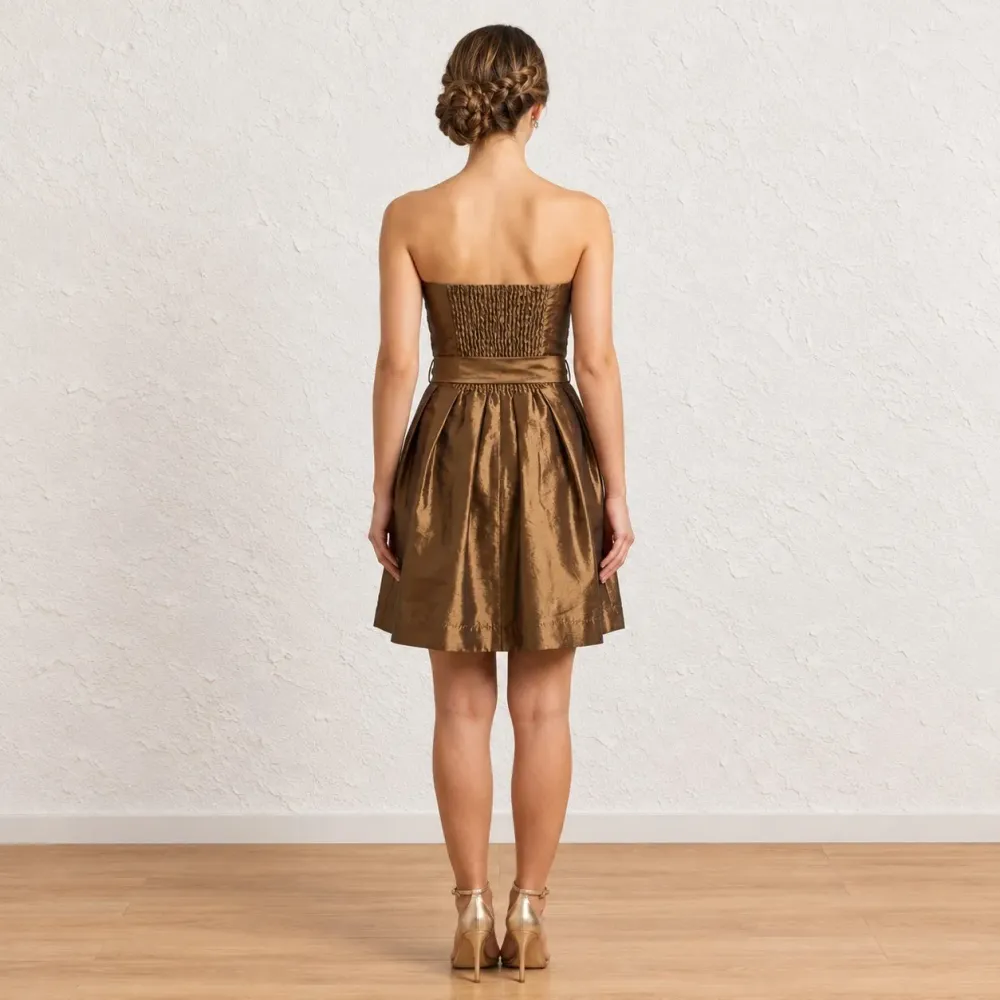 Vestido de festa em tafetá bronze