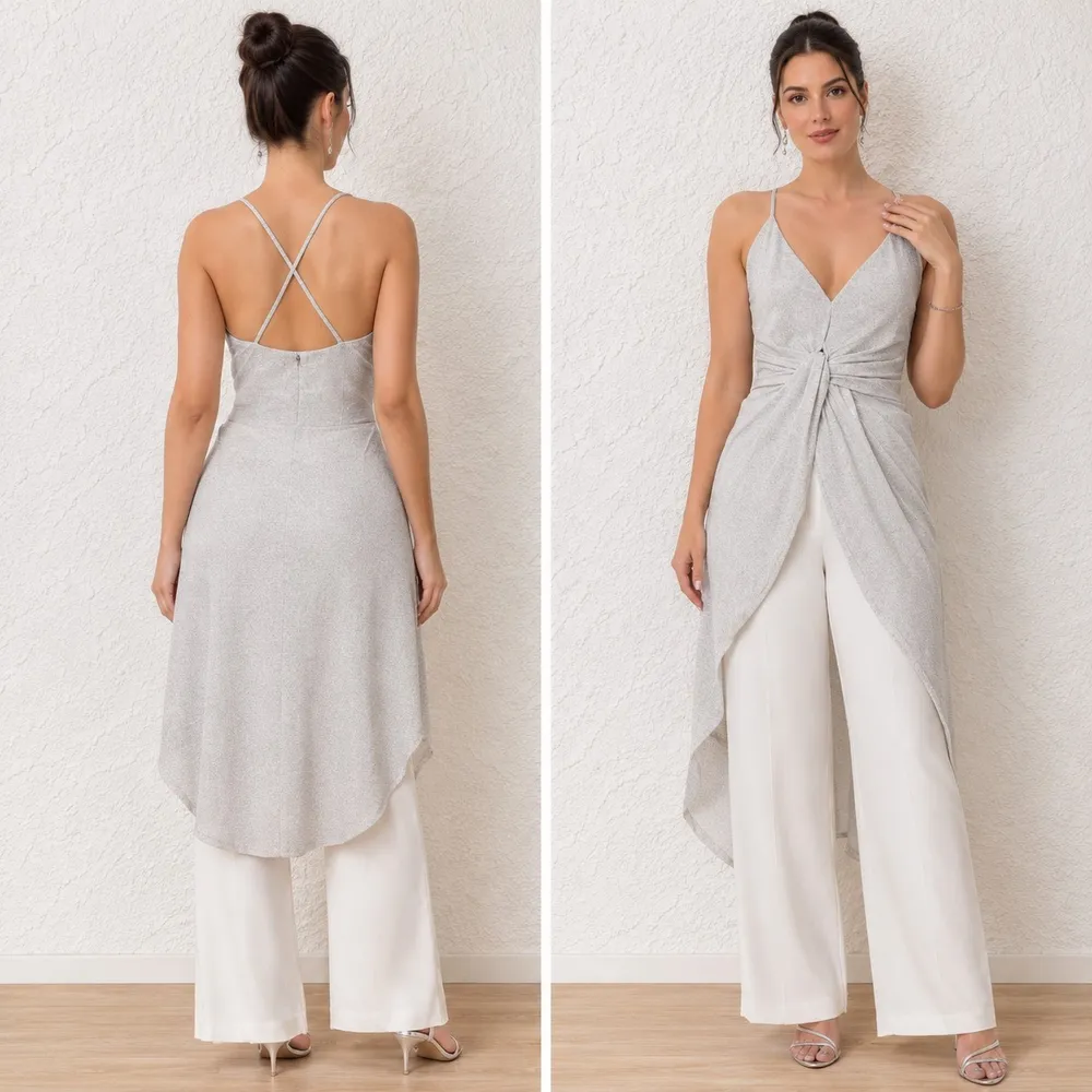 Blusa Le Lis Blanc Alongada em Lurex Prata