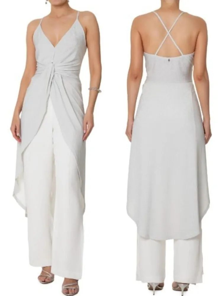Blusa Le Lis Blanc Alongada em Lurex Prata
