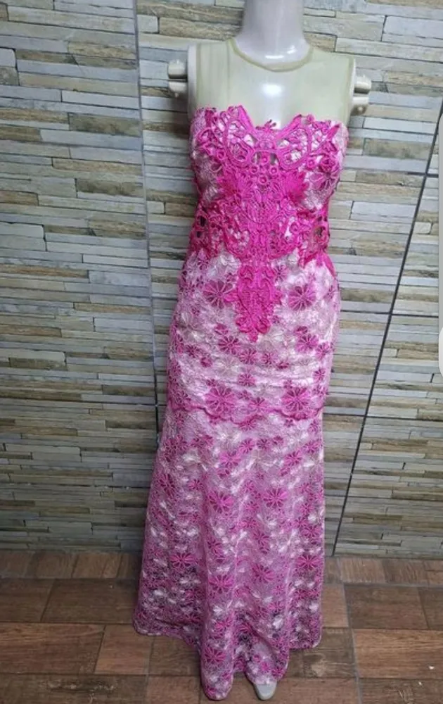 vestido longo sereia rosa renda guipure tam m seminovo