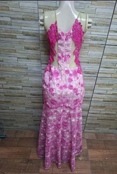 vestido longo sereia rosa renda guipure tam m seminovo