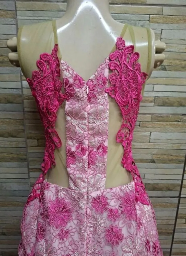 vestido longo sereia rosa renda guipure tam m seminovo