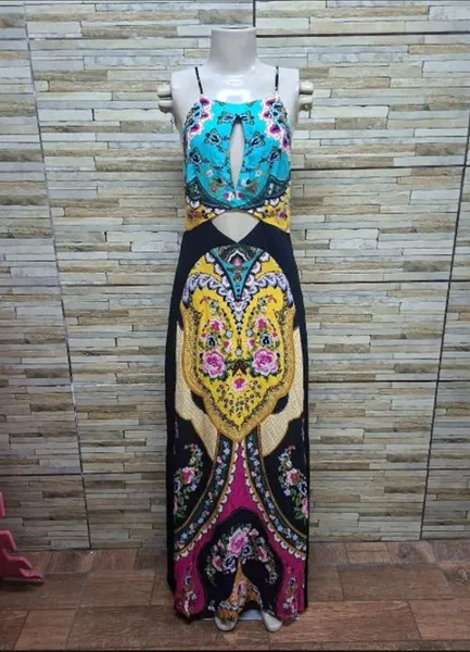 vestido farm longo estampa exclusiva e vibrante  tamanho p