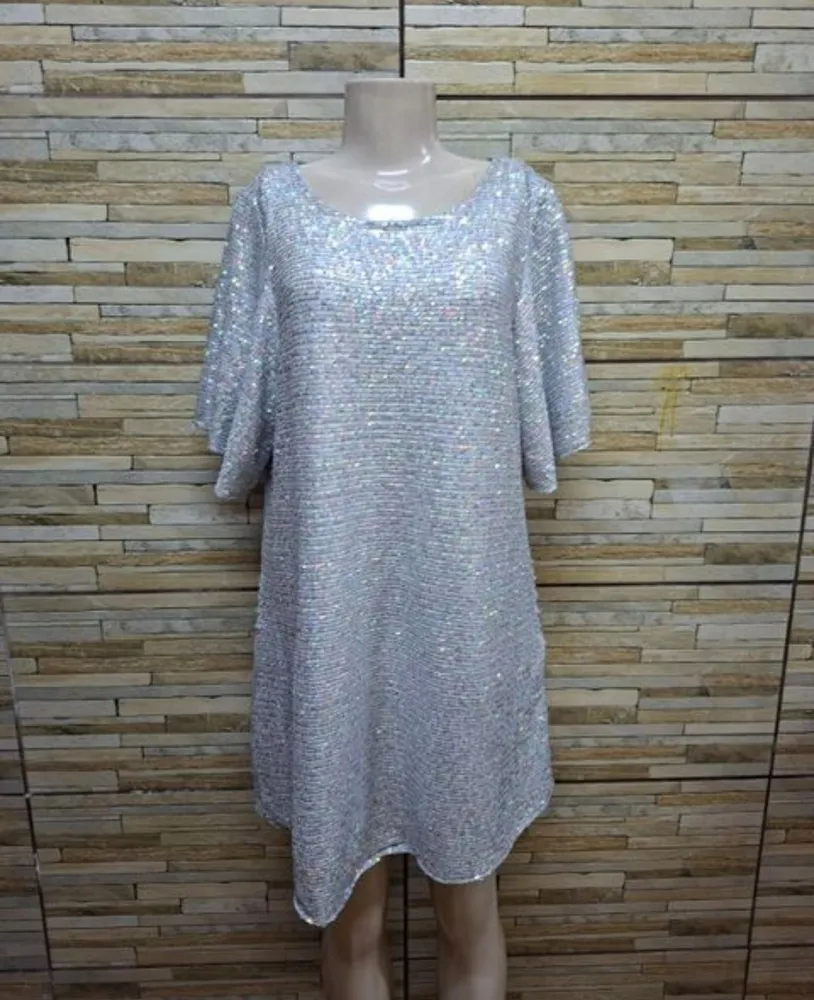 vestido de festa curto prata holográfico tam mg