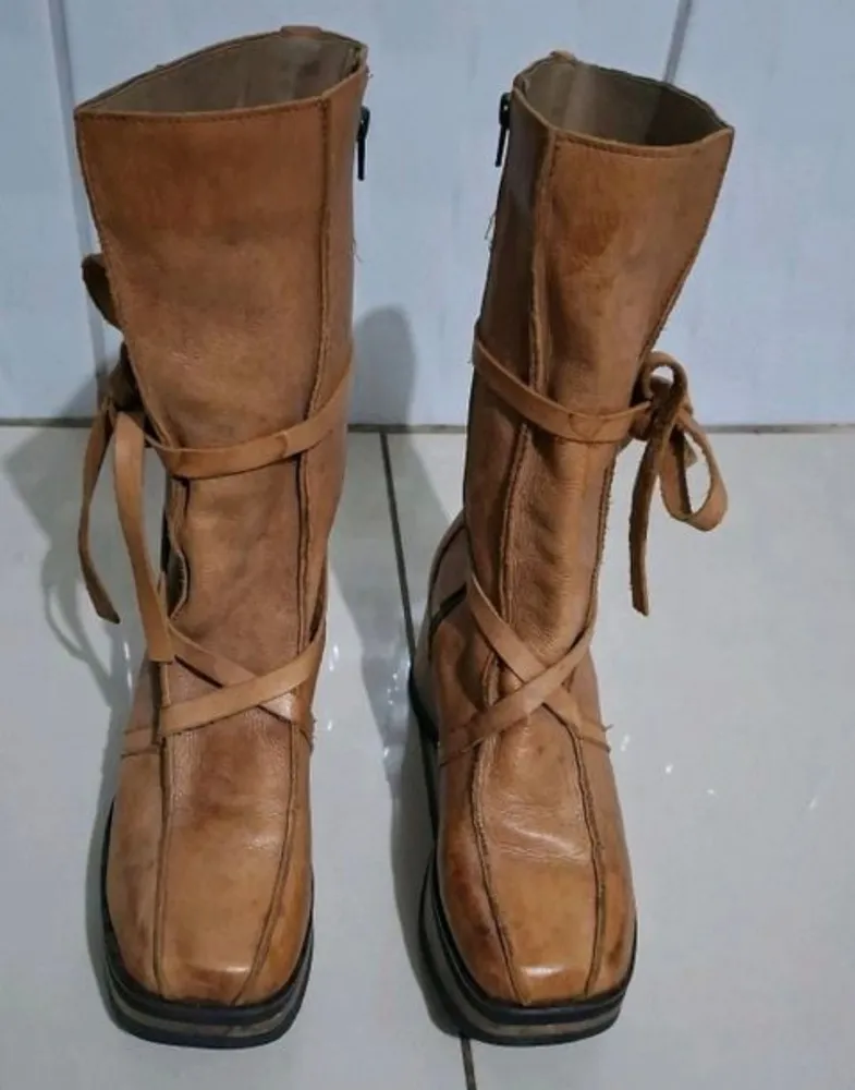 bota couro miss wave vintage caramelo n36 plataforma anabela