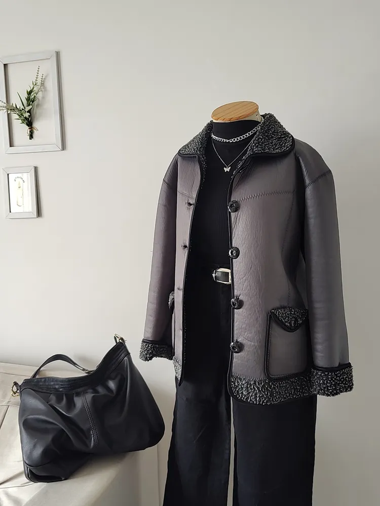CASACO SHEARLING CINZA GRAFITE PELUCIADO VINTAGE