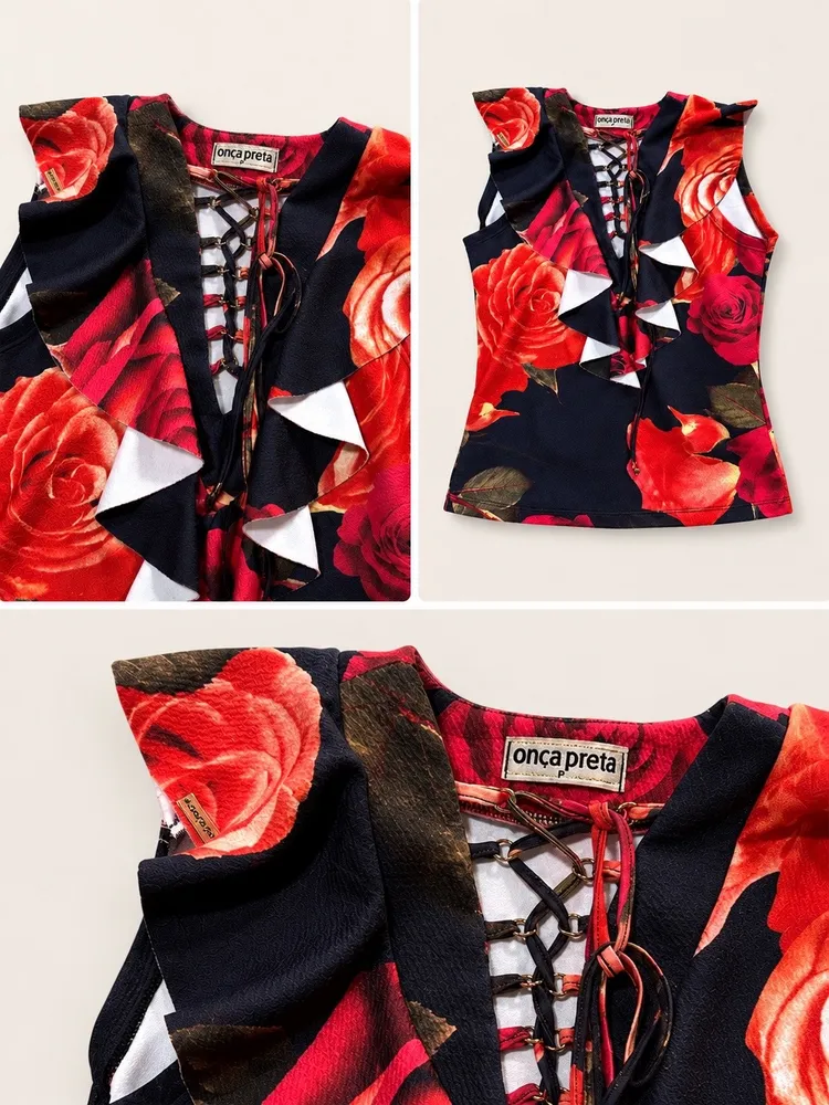 blusa feminina floral onça preta