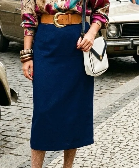 saia longa vintage crepe azul marinho