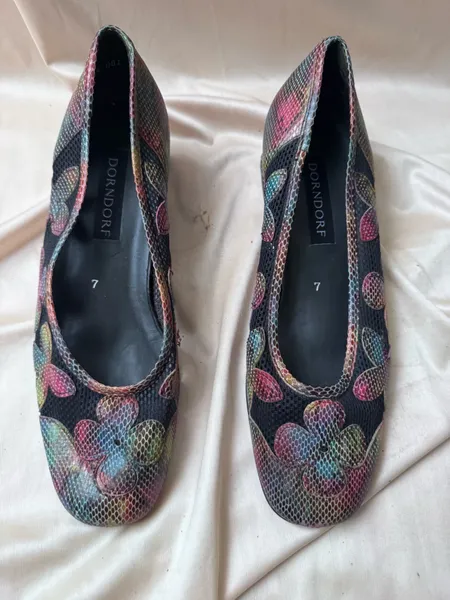 sapato vintage tela bordado flores couro degrade