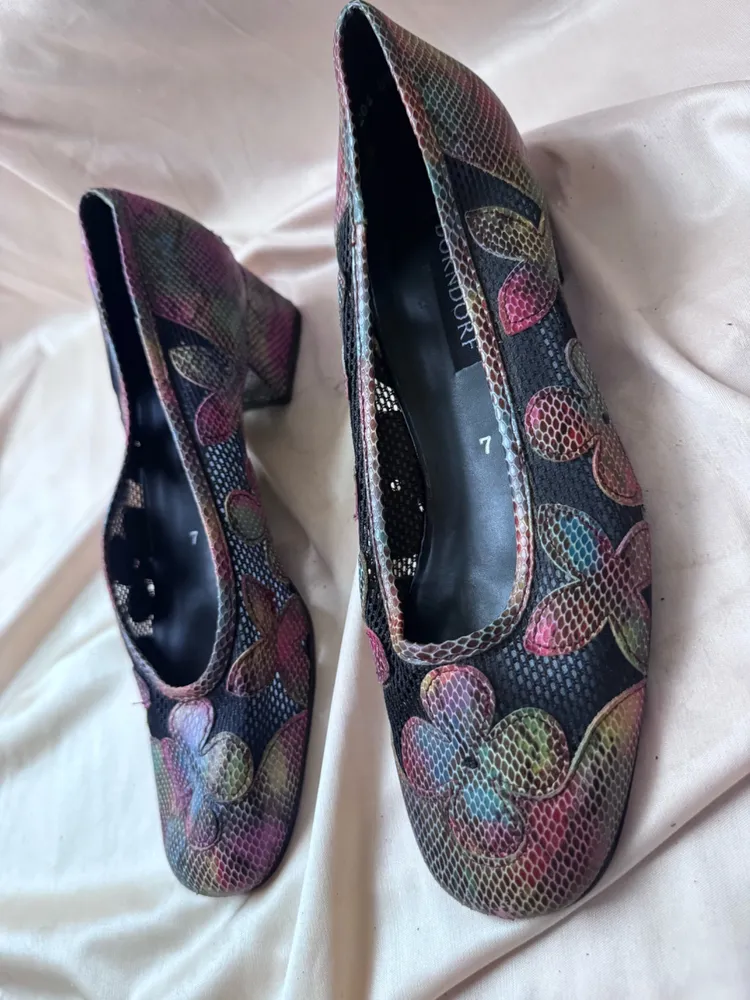 sapato vintage tela bordado flores couro degrade