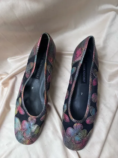 sapato vintage tela bordado flores couro degrade