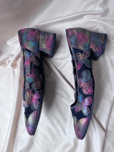sapato vintage tela bordado flores couro degrade