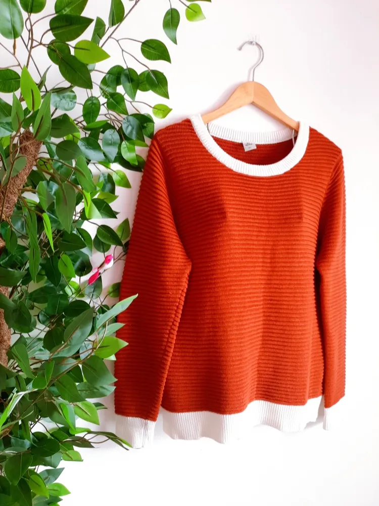 suéter de tricô laranja com branco hering