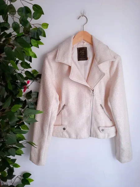 jaqueta biker tweed bege creme com brilho khelf na etiqueta