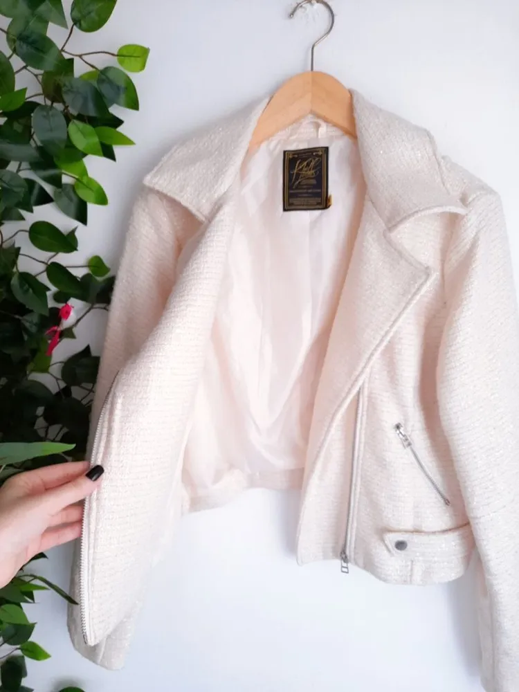 jaqueta biker tweed bege creme com brilho khelf na etiqueta