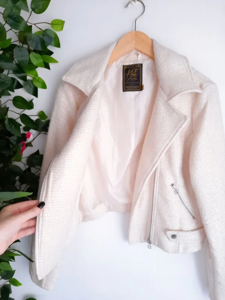 jaqueta biker tweed bege creme com brilho khelf na etiqueta