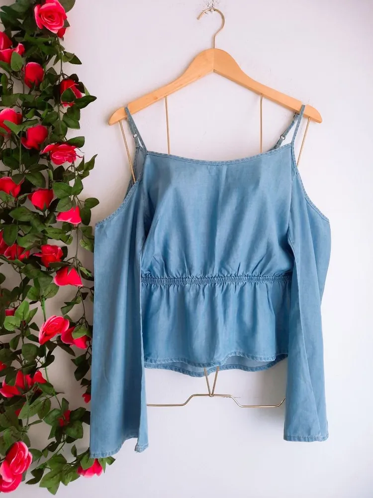blusa jeans azul ombro vazados blue steel