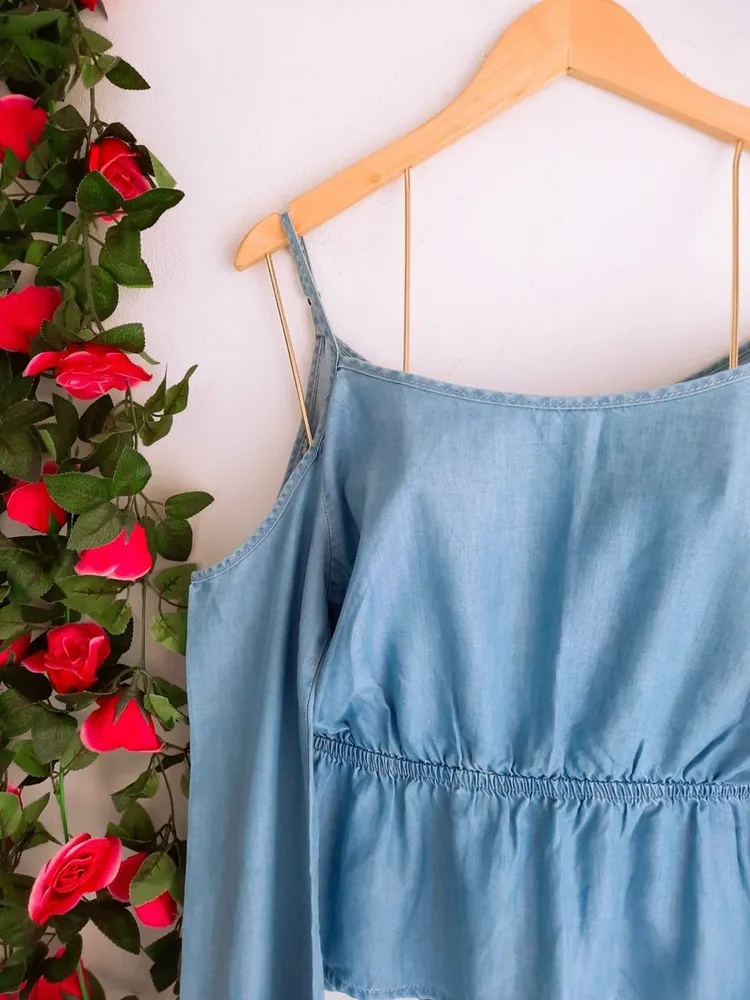 blusa jeans azul ombro vazados blue steel