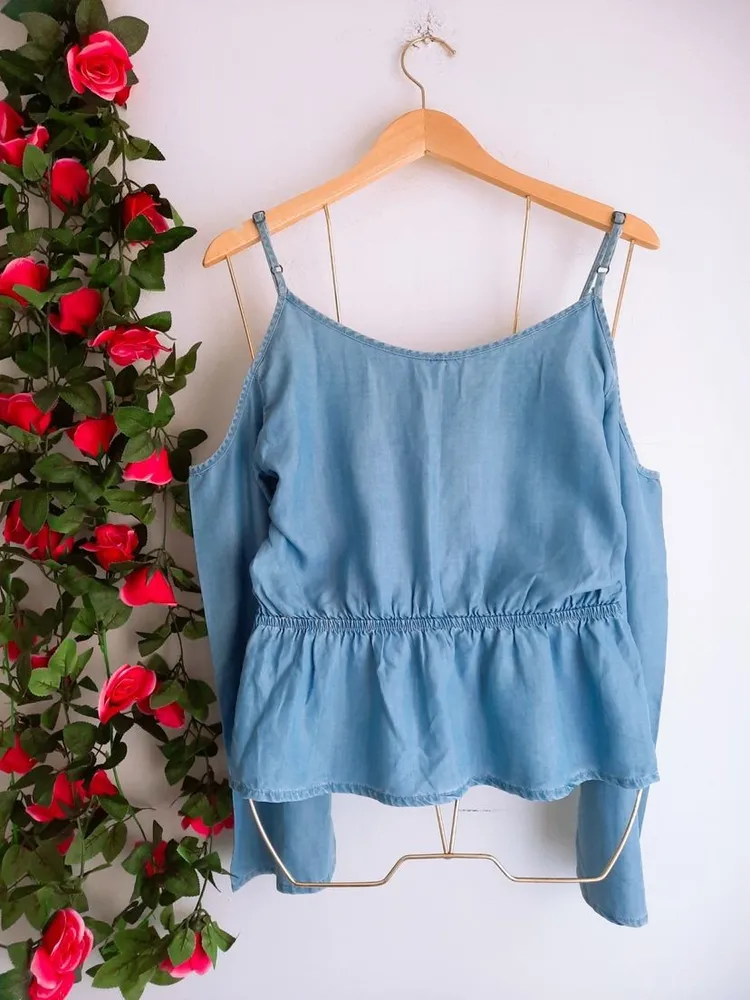 blusa jeans azul ombro vazados blue steel