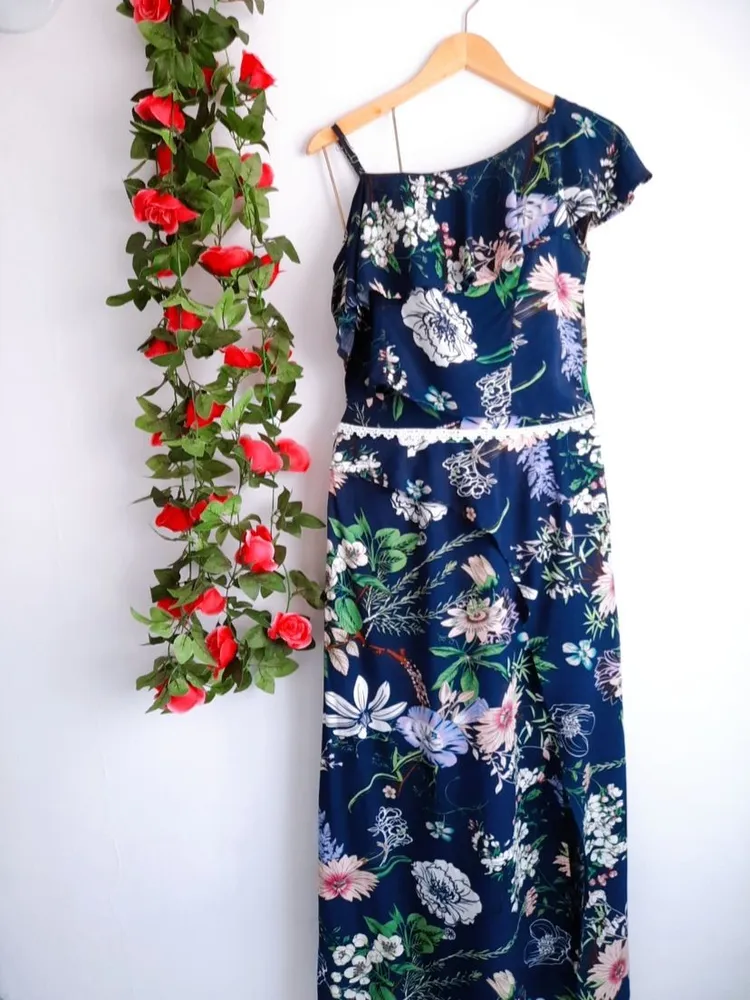 conjunto blusa e saia longa azul floral estampado