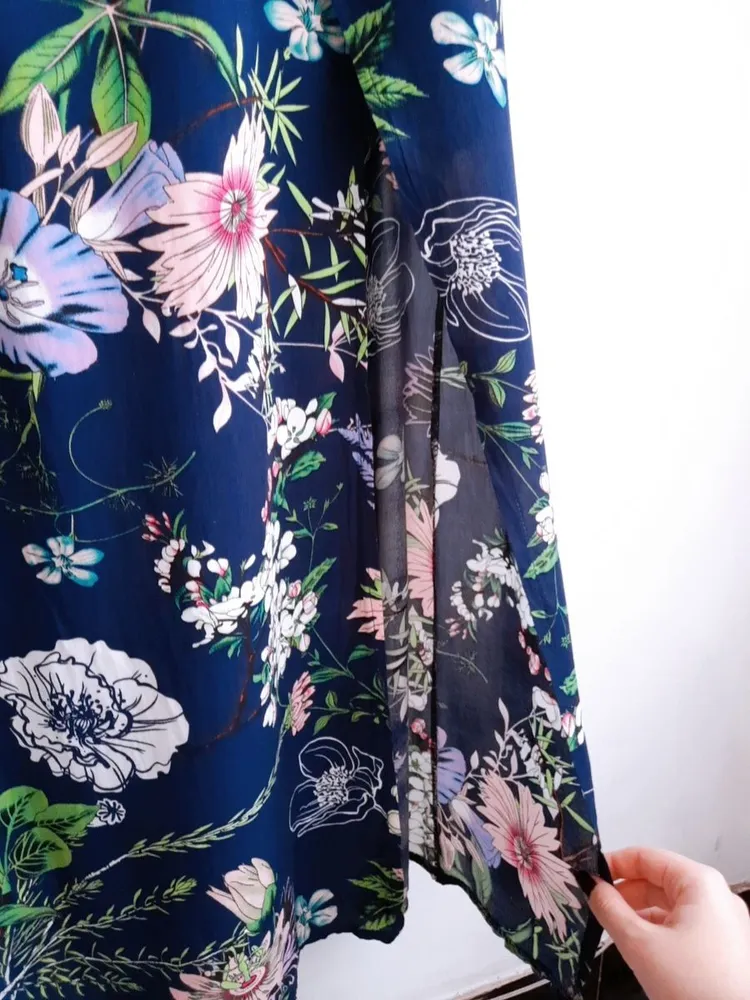 conjunto blusa e saia longa azul floral estampado