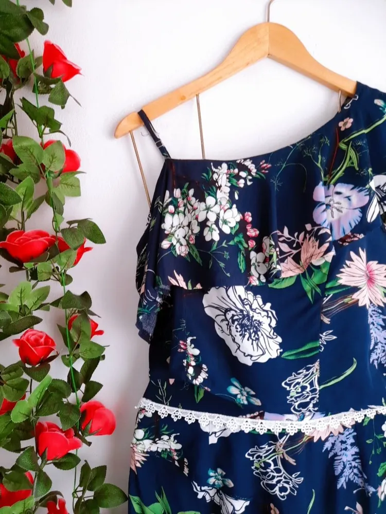 conjunto blusa e saia longa azul floral estampado