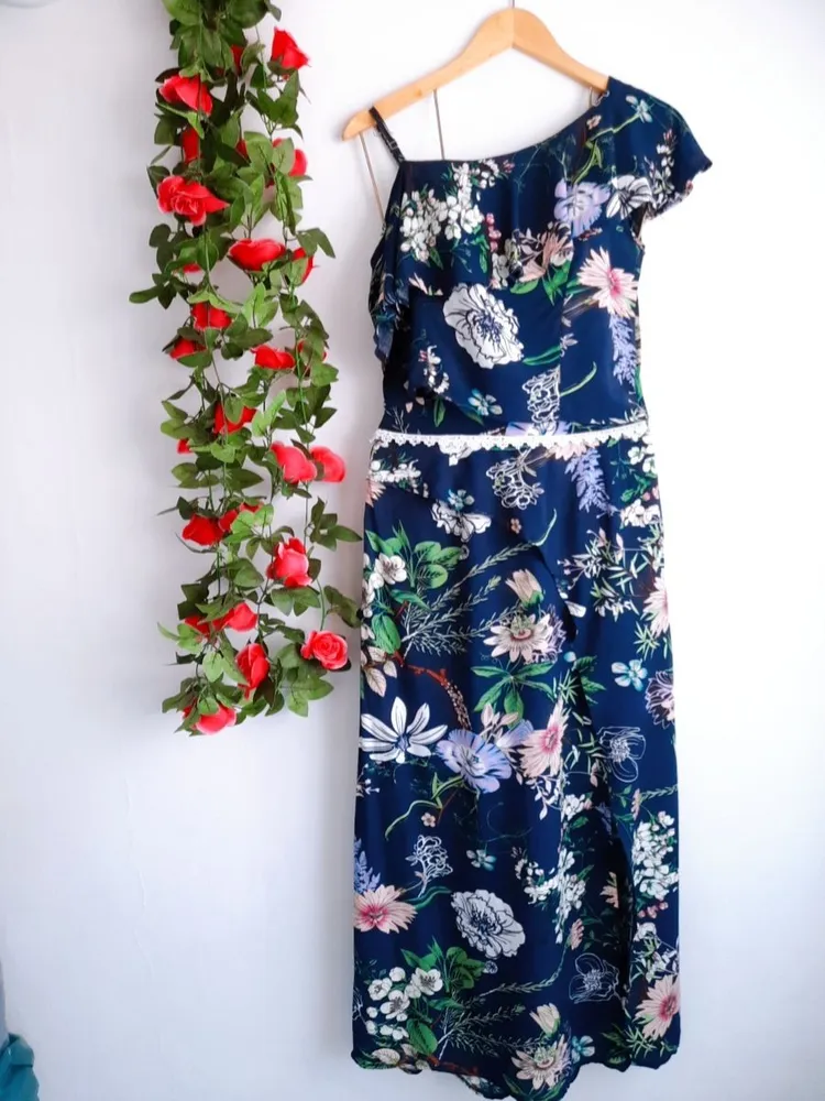 conjunto blusa e saia longa azul floral estampado