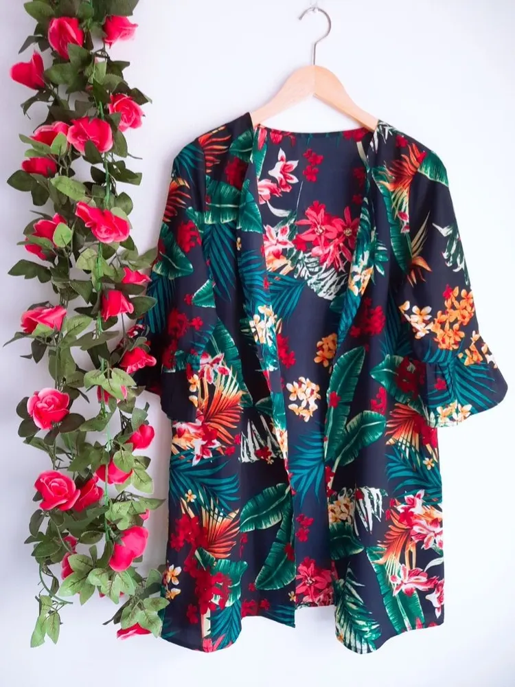 kimono estampado floral azul shein g