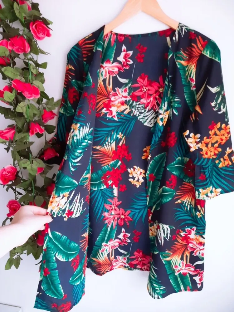 kimono estampado floral azul shein g