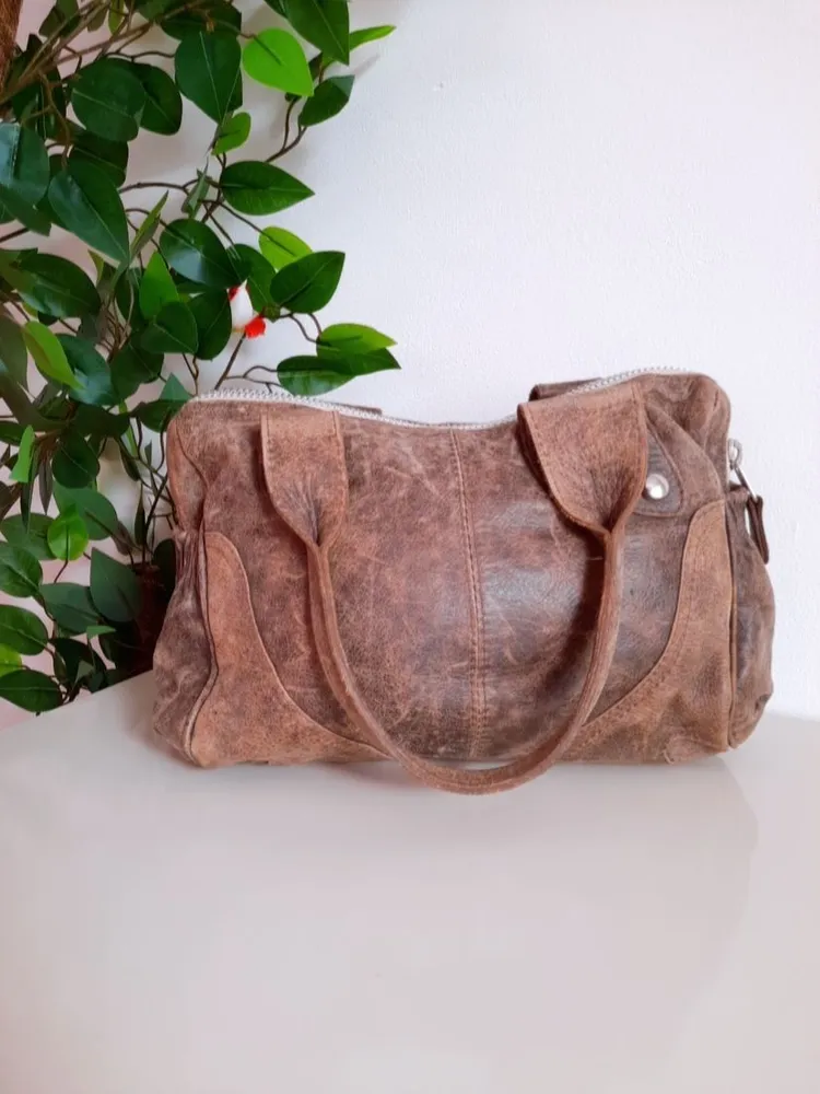 bolsa ombro em couro legítimo marrom mesclado
