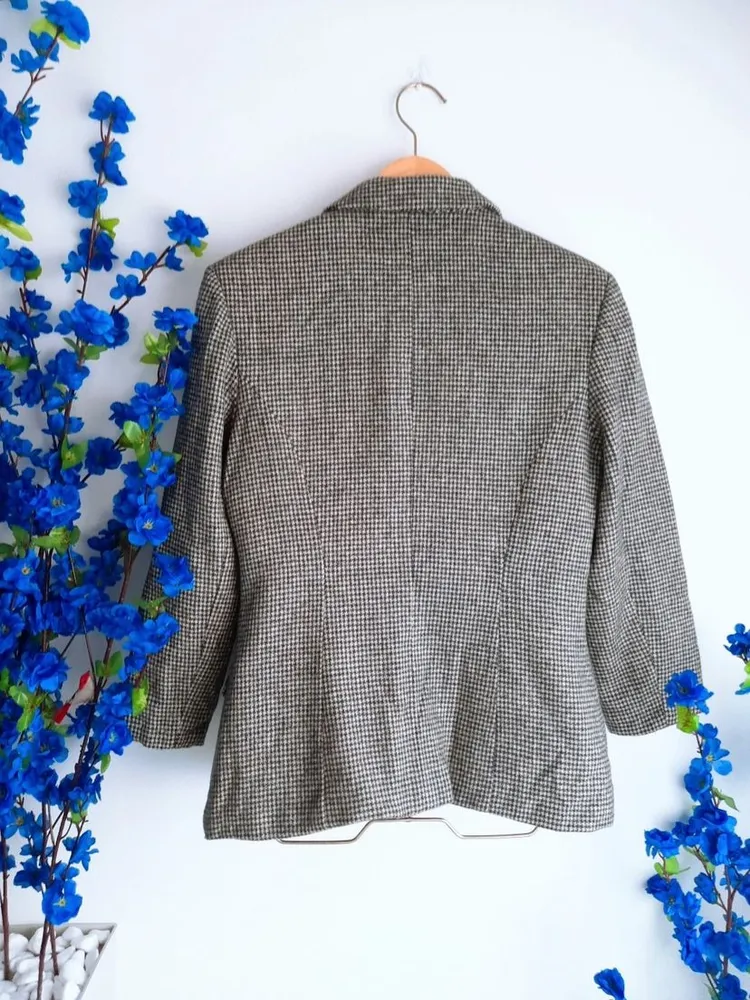 blazer de lã pied de poule preto e branco