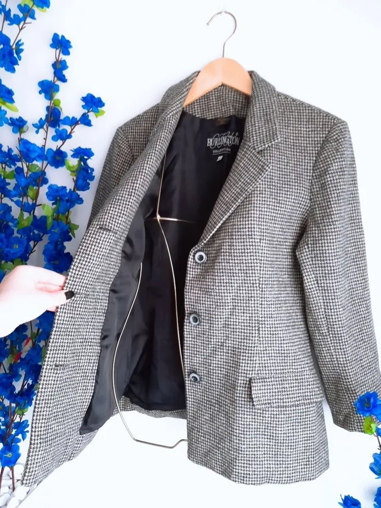blazer de lã pied de poule preto e branco