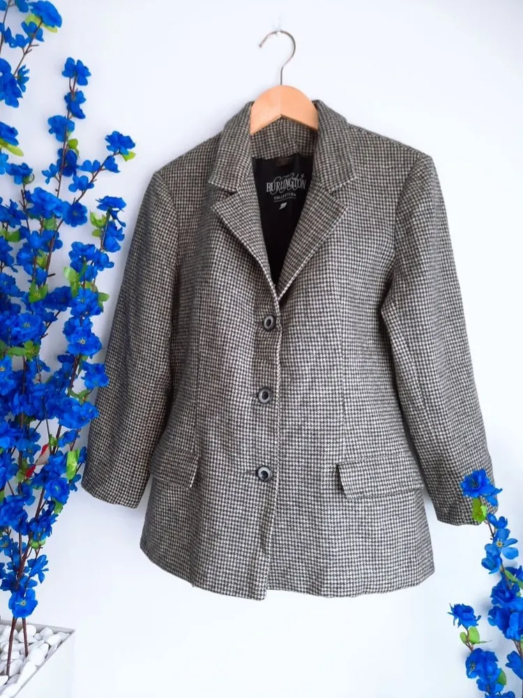 blazer de lã pied de poule preto e branco