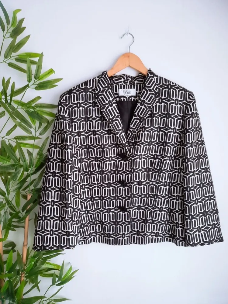 blazer social feminino preto com branco estampado le suit